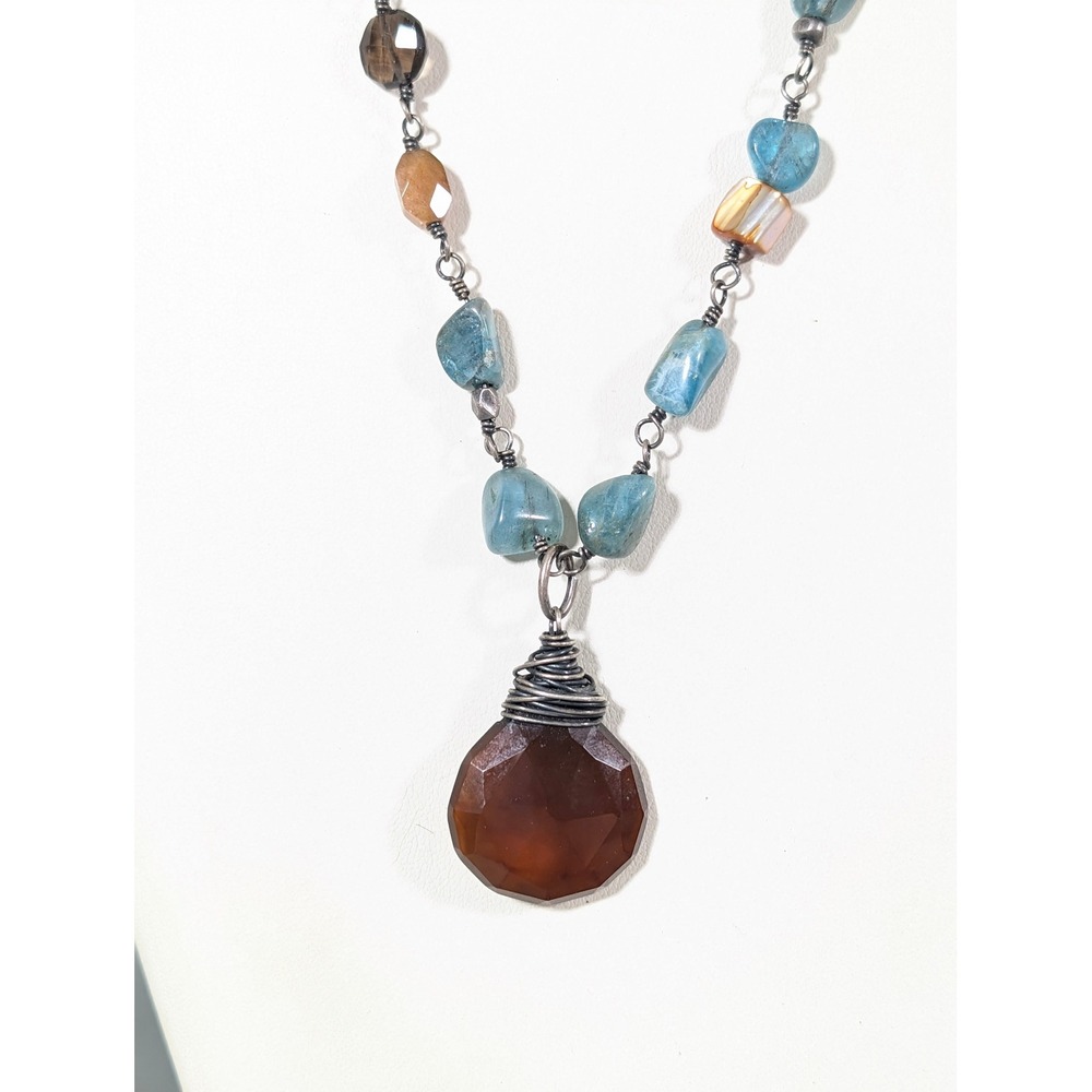Sterling Silver 925 Blue Stone Glass Leather Pendant Necklace 33 Inch